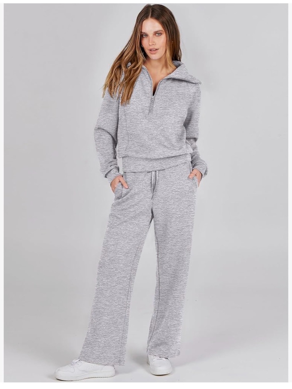 Cozy Wide-Leg Sweatpants Set - Light Gray